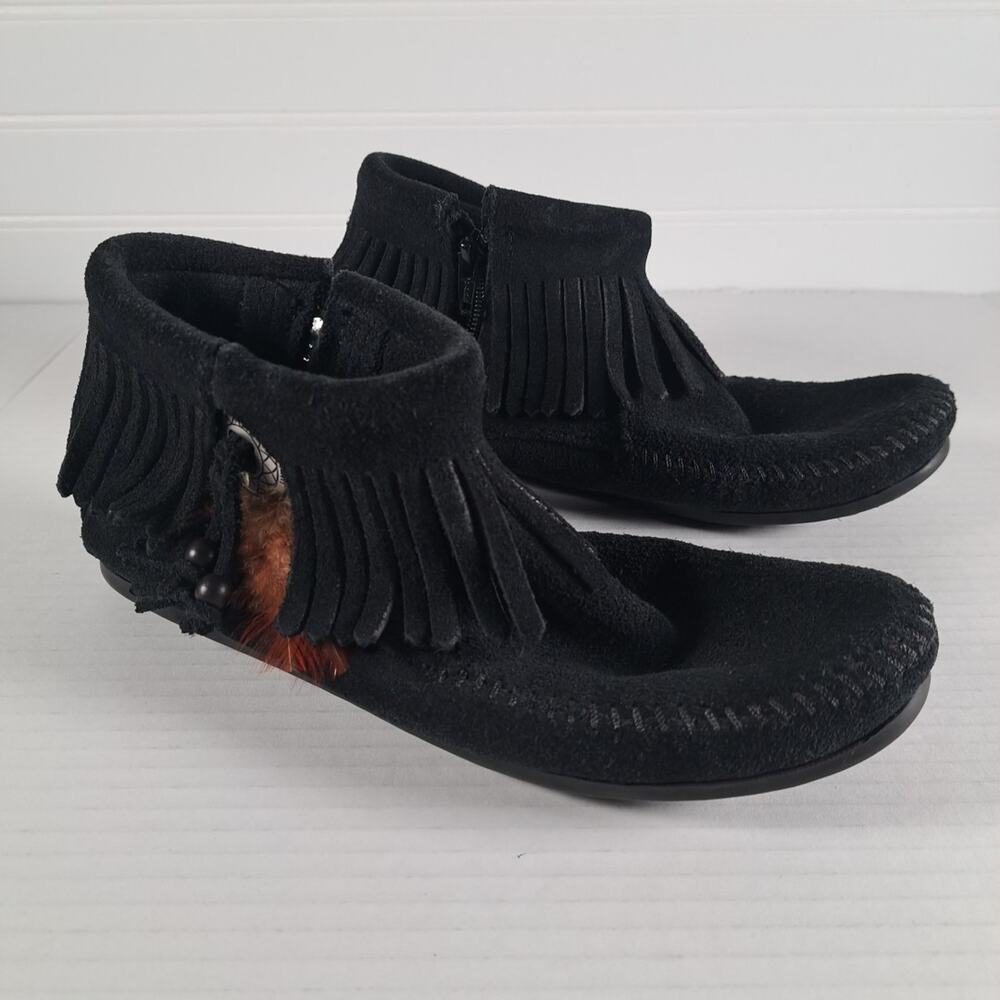 Minnetonka Concho Ankle Boots Womens 5.5 Black Suede Side Zip Rubber Soles Boho